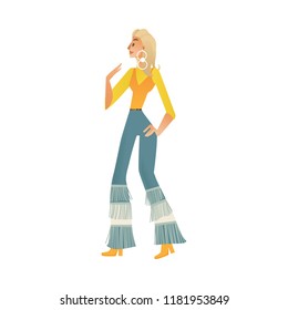 Disco dancing woman vector illustration isolated on white background. Modern cartoon gradient female character in retro clothes and with 70s fashion hairstyle making dance moves.