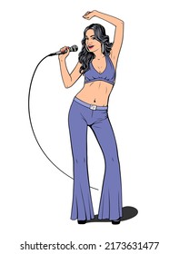 Disco Diva. Pop Singer Girl With Microphone. Pin Up, Pop Art Style. Vector Drawing.