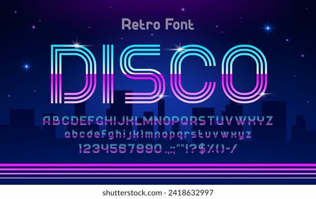 Disco DJ music font, purple neon line typeface or retro musical party light type, vector English alphabet. Disco font typography of 80s, blue and purple neon fluorescent ABC letters for night club