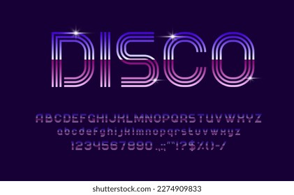 Disco DJ music font, type, typeface modern alphabet, signs and numbers. Vintage vector letters with digits and symbols with purple gradient and three stripes with sparks. Neon glowing fluorescent abc