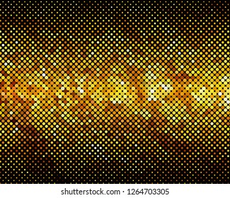 Disco dotted panel. Bright dynamic background with circles. Geometrical figure of different scale of golden color. Vector illustration