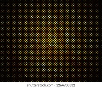 Disco dotted panel. Bright dynamic background with circles. Geometrical figure of different scale of golden color. Vector illustration