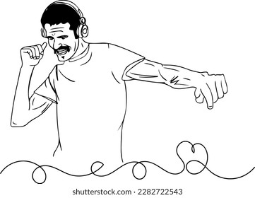 Disco Dude: An illustration of a man wearing a disco outfit and headphones, grooving to some disco music, Hip-hop Head: A sketch of a man in streetwear, with his headphones on and busting some hip-hop