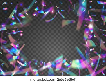 Disco Effect. Light Holographic Serpentine. Blue Happy Background. Surprise Banner. Falling Tinsel. Glare Sparkle. Hologram Burst. Color Glitter. Pink Disco Effect