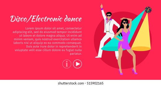 Disco and electronic dance web banner. Electronic dance music, EDM, club music posters. Electronic music genre for nightclubs, raves, and festivals. Produced for playback by disc jockeys. Vector