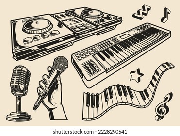 Disco equipment set emblems monochrome vintage DJ mixer and synthesizer with microphones for professional sound recording or concert vector illustration