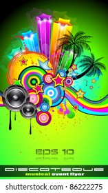 Disco Event Poster with an abstract mix of design elements included tropical palms and space for your music text and details.