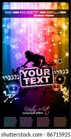 Disco Event Poster with a Disk Jockey  remixing two disks with a waterfall of glitters lghts on the back and space for your music text and details.