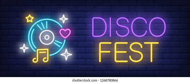 Disco fest neon text and compact disk with music note. Disco advertisement design. Night bright neon sign, colorful billboard, light banner. Vector illustration in neon style.
