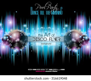 Disco Flyer Template for music event with space for your text. Abstract background with speaker and suggestive lights