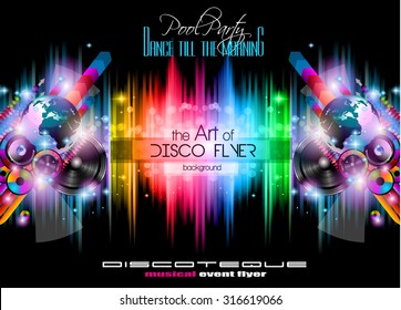 Disco Flyer Template for music event with space for your text. Abstract background with speaker and suggestive lights