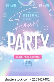 Disco foam party poster.  Soap foam with soap rainbow bubbles. Vector illustration