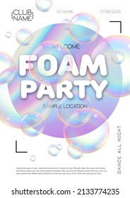 Disco foam party poster.  Soap foam with soap rainbow bubbles. Vector illustration