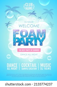 Disco foam party poster.  Soap foam with soap rainbow bubbles. Vector illustration