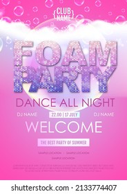 Disco foam party poster.  Soap foam with soap rainbow bubbles. Vector illustration