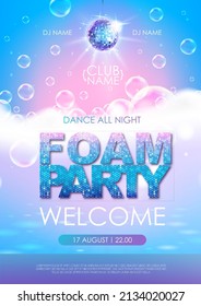 Disco foam party poster.  Soap foam with soap rainbow bubbles. Vector illustration