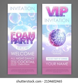 Disco foam party poster.  Soap foam with soap rainbow bubbles. Invitation design. Vector illustration