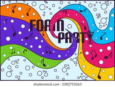 Disco foam party poster. Soap foam with soap rainbow bubbles. Vector illustration