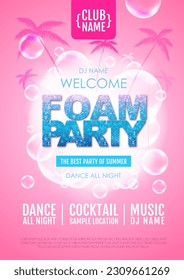 Disco foam party poster.  Soap foam with soap rainbow bubbles. Vector illustration