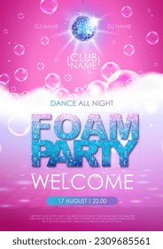 Disco foam party poster.  Soap foam with soap rainbow bubbles. Vector illustration