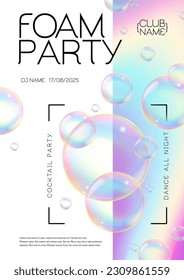Disco foam party poster.  Soap foam with soap rainbow bubbles. Vector illustration