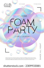 Disco foam party poster.  Soap foam with soap rainbow bubbles. Vector illustration