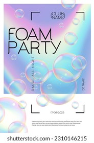 Disco foam party poster.  Soap foam with soap rainbow bubbles. Vector illustration