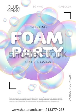 Disco foam party poster.  Soap foam with soap rainbow bubbles. Vector illustration
