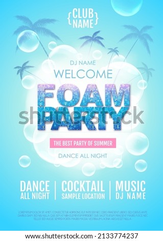 Disco foam party poster.  Soap foam with soap rainbow bubbles. Vector illustration