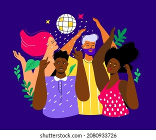 Disco with friends - colorful flat design style illustration