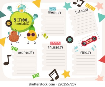 Disco Fruits School Timetable, Lesson Schedule template. Vector illustration. Week Chart with coconut, pineapple on fruit party