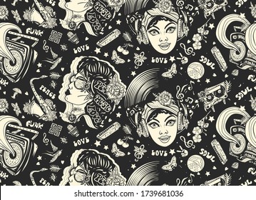 Disco, Funk And Soul. Lifestyle Musical Background. Old School Music Art. Seamless Pattern. African American Funky Woman. Fashion Hippie Girl, Audio Type And Rainbow Boom Box 