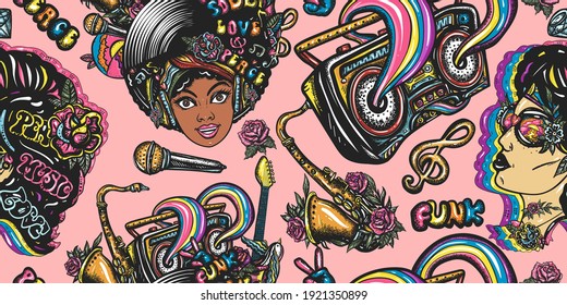 Disco, Funk And Soul. Lifestyle Musical Background. Old School Music Art. Seamless Pattern. African American Funky Woman. Fashion Hippie Girl, Audio Type And Rainbow Boom Box 