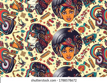 Disco, Funk And Soul Music. African American Funky Woman. Fashion Hippie Girl, Audio Type And Rainbow Boom Box. Lifestyle Musical Background. Old School Art. Seamless Pattern 