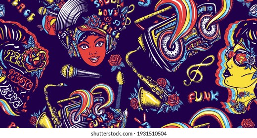 Disco, Funk And Soul Music. Retro Musical Seamless Pattern. African American Funky Woman. Fashion Hippie Girl, Audio Type And Rainbow Boom Box. Lifestyle Background. Old School Music Art 