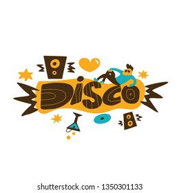 Disco. Funny vector hand drawn concept of disco party with chilling man, retro speaker device, stars, cocktail