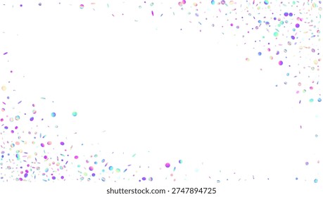 Disco Glitter. Blue Neon Tinsel And Pink Holographic Confetti. Abstract Birthday Background On White. Gift Paper With Transparent Bokeh And Overlay Glare. Purple Disco Glitter