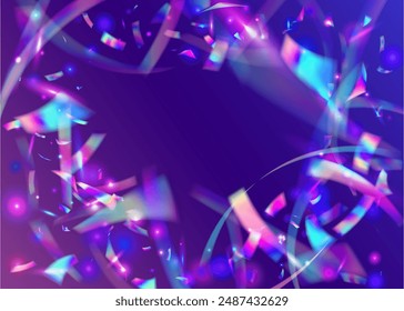 Disco Glitter. Foil Iridescent Illustration. Rainbow Tinsel. Unicorn Poster. Purple Light Burst. 3d Confetti. Happy Pattern. Carnival Ribbon. Blue Disco Glitter