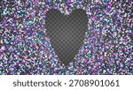 Disco Glitter In Heart Shape. Blue Glitch Tinsel And Neon Confetti. Love Valentine And Wedding Background With Sparkle Sequins. Pink Birthday Party. Purple Shiny Disco Glitter
