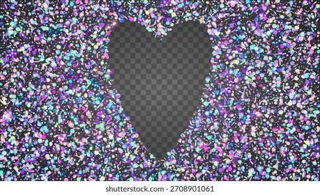 Disco Glitter In Heart Shape. Blue Glitch Tinsel And Neon Confetti. Love Valentine And Wedding Background With Sparkle Sequins. Pink Birthday Party. Purple Shiny Disco Glitter