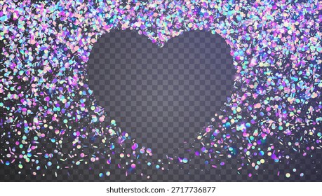 Disco Glitter In Heart Shape. Blue Glitch Tinsel And Carnival Confetti. Love Valentine And Wedding Background With Sparkle Sequins. Pink Birthday Party. Purple Shiny Disco Glitter