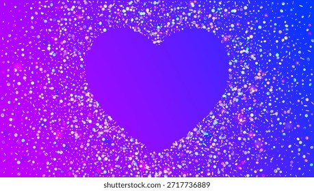 Disco Glitter In Heart Shape. Pink Holographic Confetti And Carnival Tinsel. Love Valentine And Wedding Background With Sparkle Sequins. Blue Birthday Party. Purple Shiny Disco Glitter