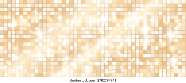 Disco glitter on bright gold tile texture for nightlife banner. Sparkling disco mosaic over a luminous backdrop by warm light. Vector dance ball background with glam glint texture.