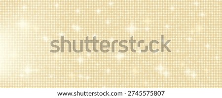 Disco glitter sequin with light yellow beige background texture for glamour. Tile pattern disco ball with ivory retro mosaic for fashion or beauty bright effect. Vector sequin beige bokeh background.