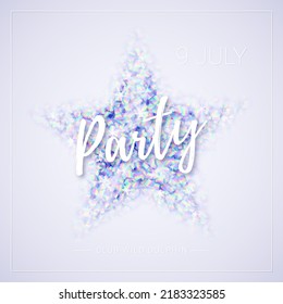 Disco Glittering Banner. Holographic Foil Shiny Star. White Text Party. Silver Background. Vector Illustration.