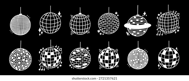 Disco Globo de bola de Vector Icon Vector Glitter Set. Luz de bola de espejo de disco para fiesta o kit de club. Ilustración vectorial Doodle