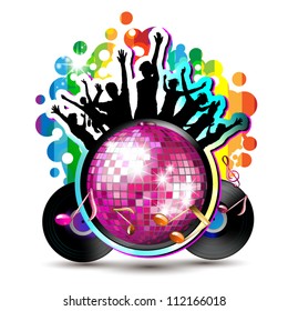 Disco globe with dancing silhouettes and vinyl record