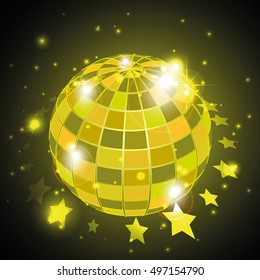 Disco globe with stars in yellow background, vector