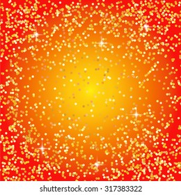 Disco gold and color particles falling down with transparent bright glowing, glittering, shining lights, surprise birthday celebration, night club ceiling confetti, vector illustration 