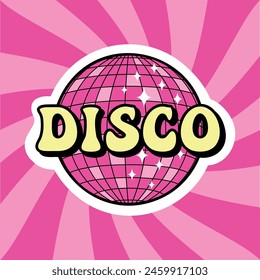 disco groovy lettering sticker, retro print with yellow text and pink disco ball for tee graphic, party t-shirt vector design